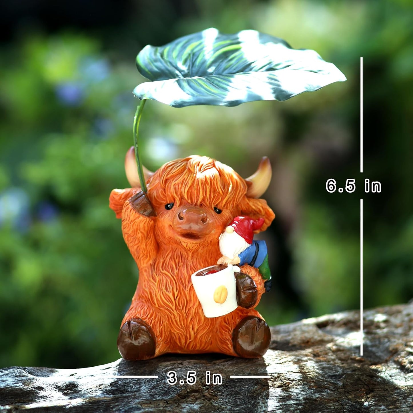 Garden Gnome with Highland Cattle 6.5“ Figurine Ornament for Indoor Outdoor Home Patio Yard Lawn, Red Hat, Blue Outfit, Indoor Outdoor Decorative Statue