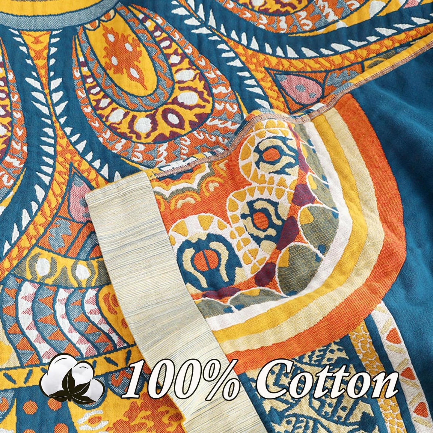 Snycler Boho 100% Cotton Throw Blanket, Decorative Muslin Boho Throw Blanket, Soft Cozy Colorful Bohemian Floral Reversible Blanket with Tassels for Chair Couch Bed Sofa Room Decor, 80x90 Inch