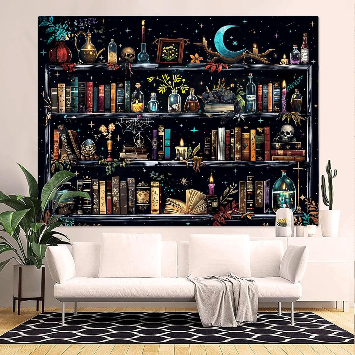 Accnicc Magic Bookshelf Tapestry Magical Witchy Potion Dark Hippie Haloween Tapestries Wall Hanging Gothic Skull Black Cat Library Book Small Tapestry for Bedroom Living Room Dorm 60 x 44 inch