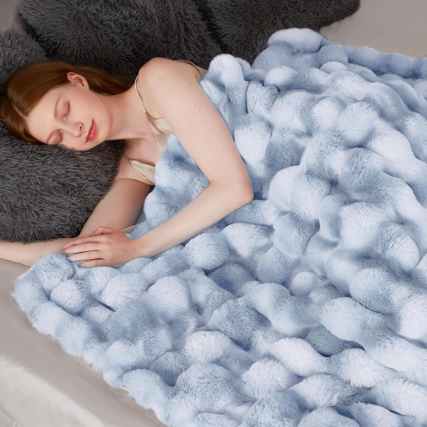 Touchat Luxury 1000GSM Faux Rabbit Fur Throw Blanket, Super Heavy Warm Cozy Grey Blankets for Couch Bed Sofa, Ruched Plush Fuzzy Elegant Soft Reversible Mink Blanket for Living Room Bedroom