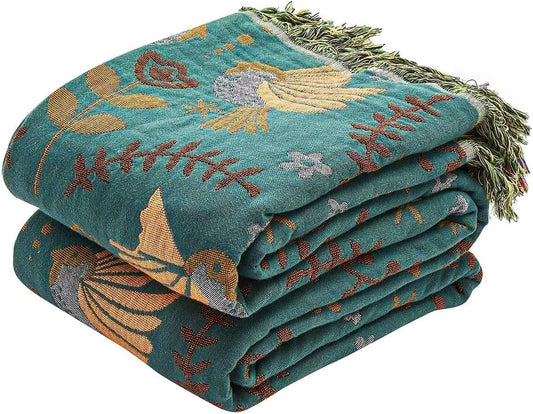 Boho Throw Blanket, 100% Cotton Ultra Soft Luxury Throw Rustic Quilt, 80"x90" Floral Printed Farmhouse Decor Bed Summer Blankets, All Season Rustic Reversible Bohemian Throw for Bed - Blue