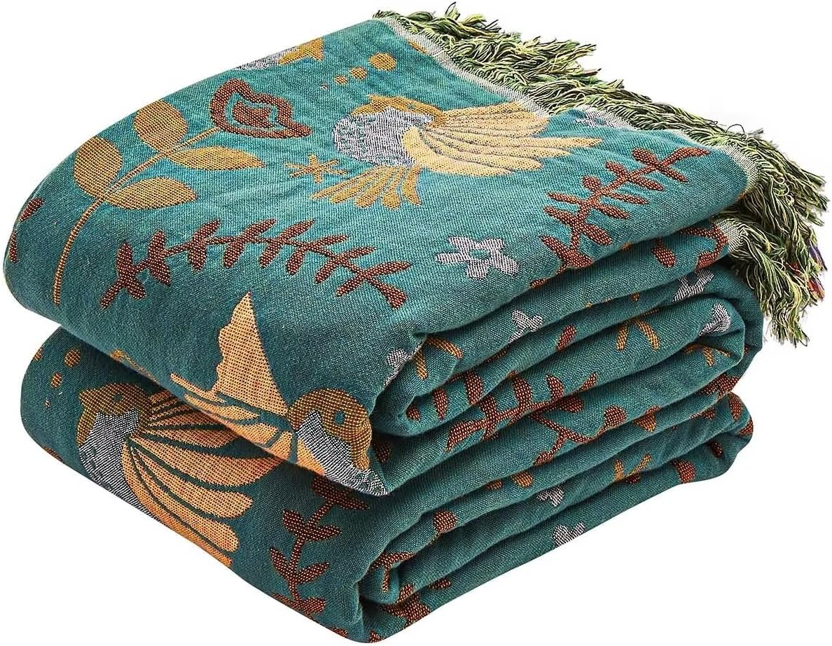 Boho Throw Blanket, 100% Cotton Ultra Soft Luxury Throw Rustic Quilt, 60"x80" Floral Printed Farmhouse Decor Bed Summer Blankets, All Season Rustic Reversible Bohemian Throw for Bed - Blue