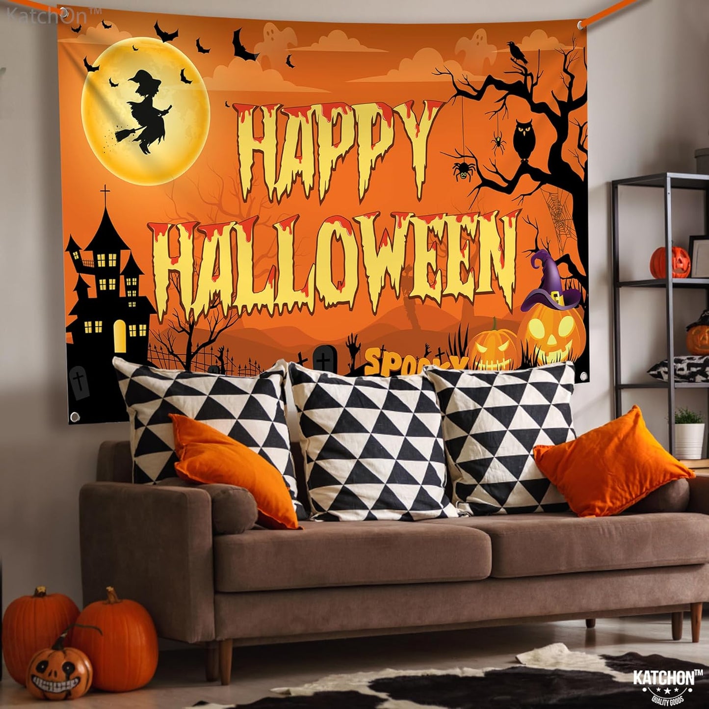 KatchOn Spooky Happy Halloween Banner - XtraLarge, 72x44 Inch | Orange Halloween Photo Backdrop for Decorations & Photography