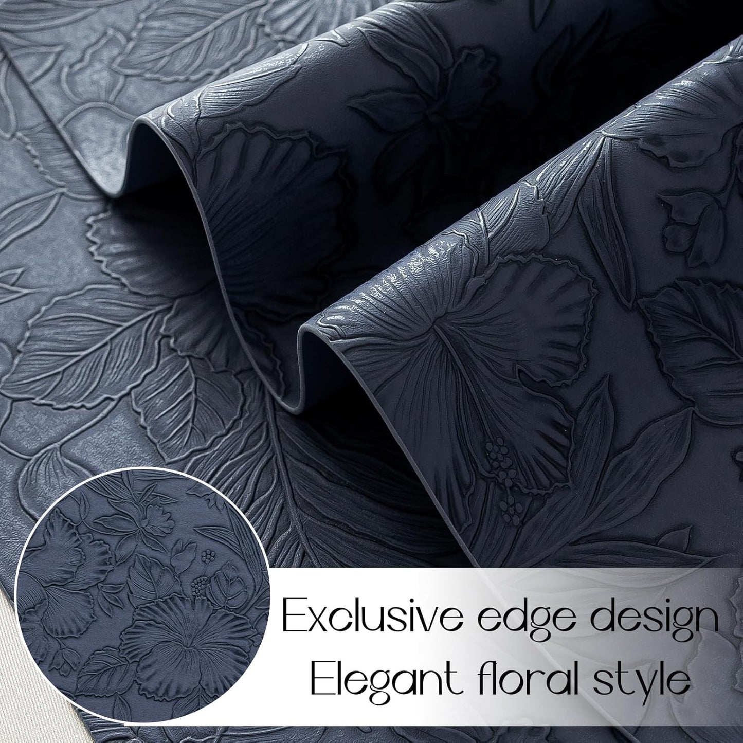 Romanstile Vinyl Placemats Set of 6-12 X 18 Inch - Heat Resistant Non-Slip Embossed Floral Place Mats 100% Waterproof Oilproof Wipeable Faux Leather Table Mats for Kitchen/Dining/Party, Navy Blue