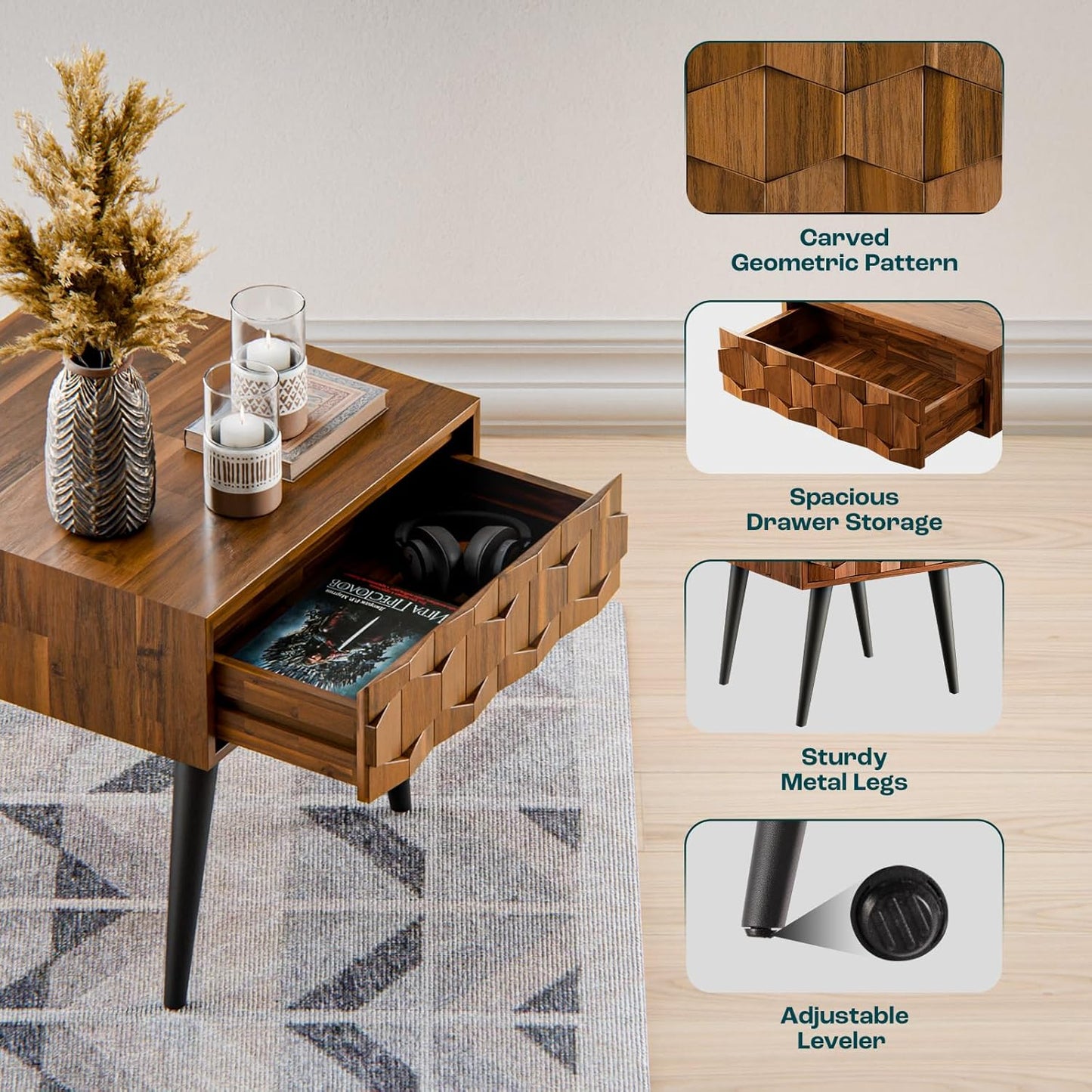 Bme Georgina Solid Wood Nightstands with Drawers - Fully Assembled Rustic Geometric Pattern Bedside Cabinet - Mid Century Modern Side Table for Living Room, Bedroom, Dark Chocolate