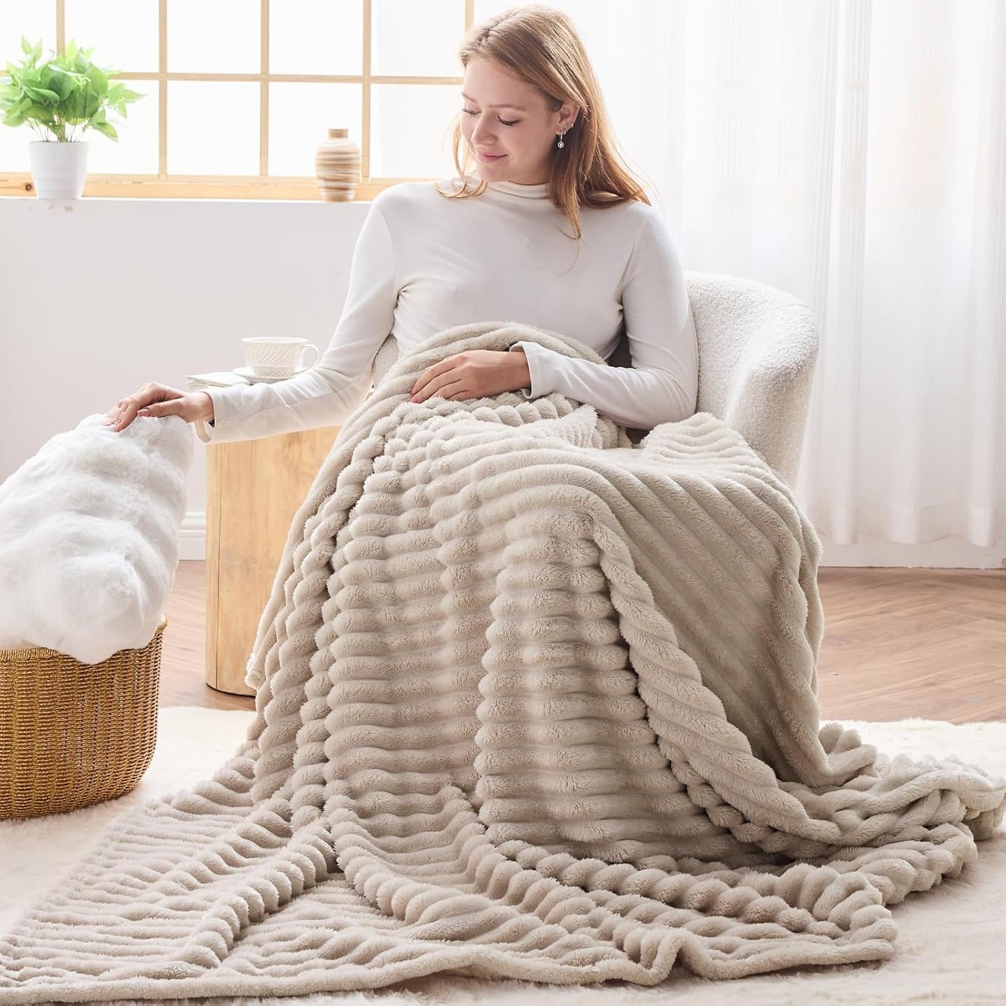 NEWCOSPLAY Super Soft Throw Blanket Linen Premium Silky Flannel Fleece 3D Ribbed Jacquard Lightweight Bed Blanket All Season Use (Linen Ribbed, Throw(50"x60"))
