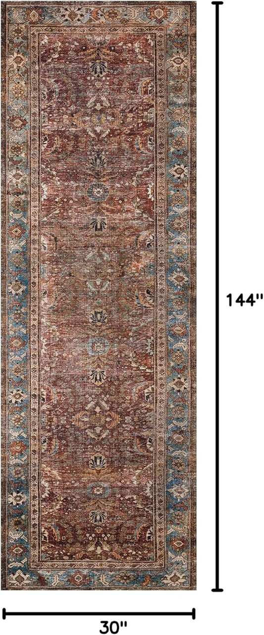 Loloi Layla Collection LAY-01 Brick/Blue 2'-6" x 12'-0" .13" Thick Runner Rug, Soft, Durable, Vintage Inspired, Distressed, Low Pile, Non-Shedding, Easy Clean, Printed, Living Room Rug