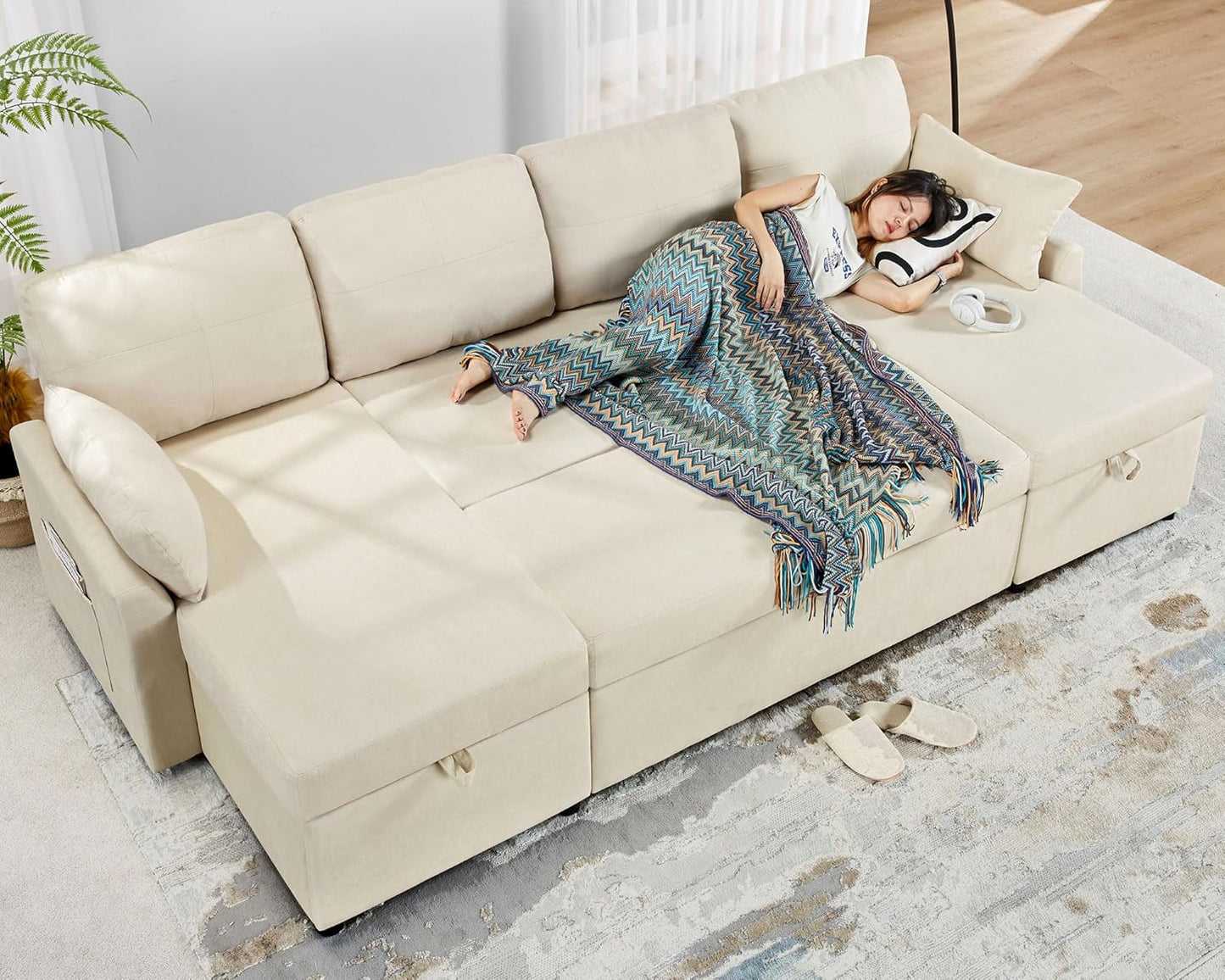 VanAcc Sleeper Sofa, 110 inch Oversize - 2 in 1 Pull Out Bed, Sectional Sleeper Sofa with Double Storage Chaise for Living Room, Beige Chenille Couch