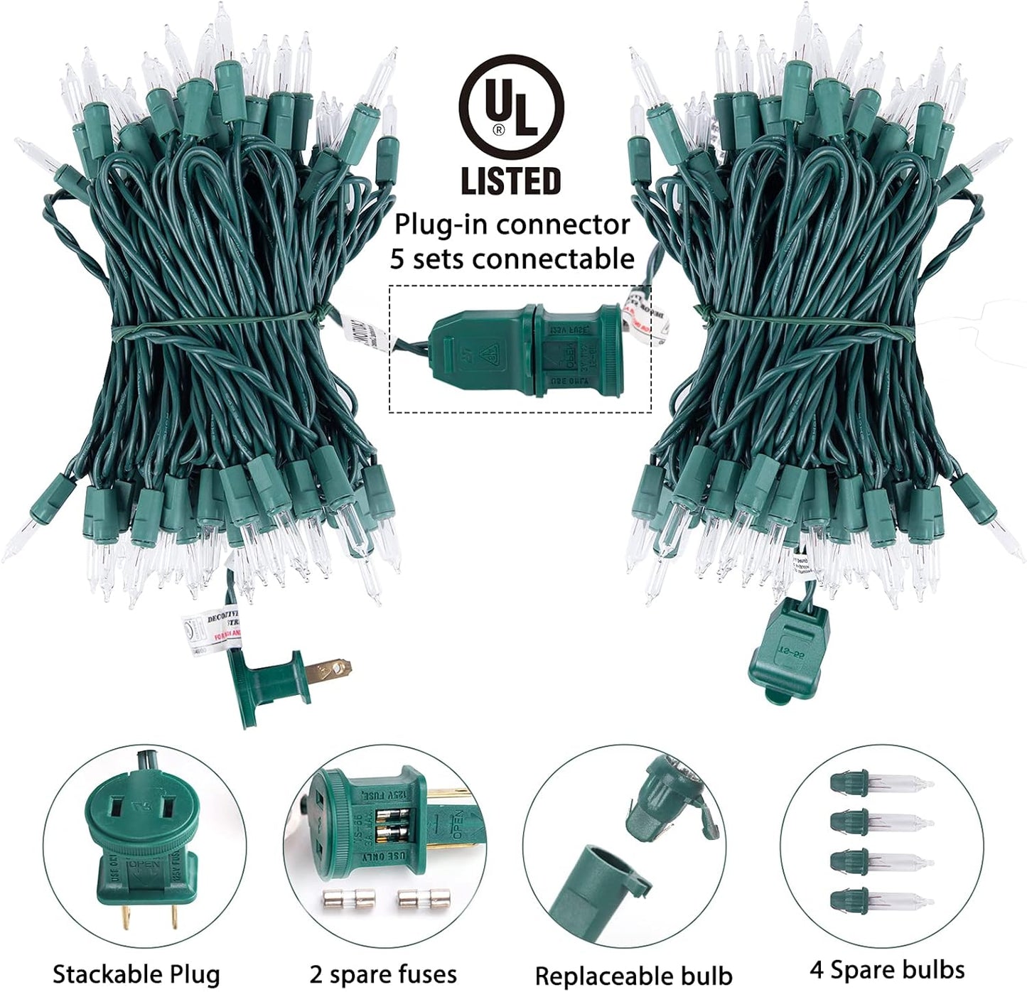 Clear Christmas Lights 200 Count 50 Feet Bulb Mini Lights, Waterproof String Lights, Color Changing Lights for Indoor Xmas Tree Garland Birthday Wedding Decoration, Green Wire