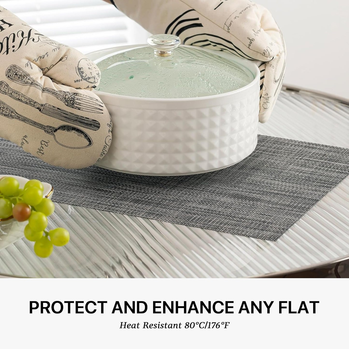 LEXMORE PlaceMats Set of 12 Vinyl/Plastic Woven Place Mats for Kitchen Table Indoor/Outdoor Washable PlaceMat Wipeable Dining Table Mats(Dark Gray)