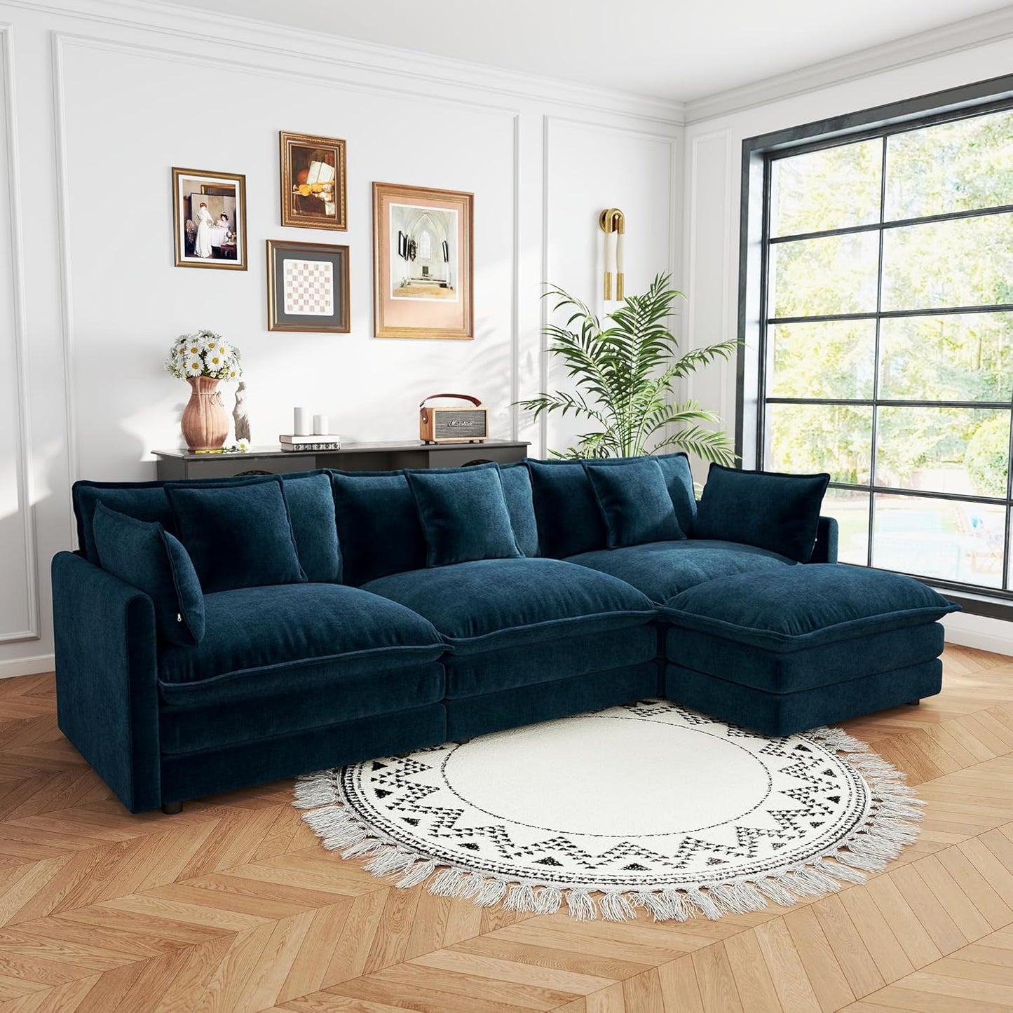 Sectional Sofa 3 Seater with Movable 1 Ottoman,Oversized Modular Couch Deep Seat (Blue, 111.5 inch-L)