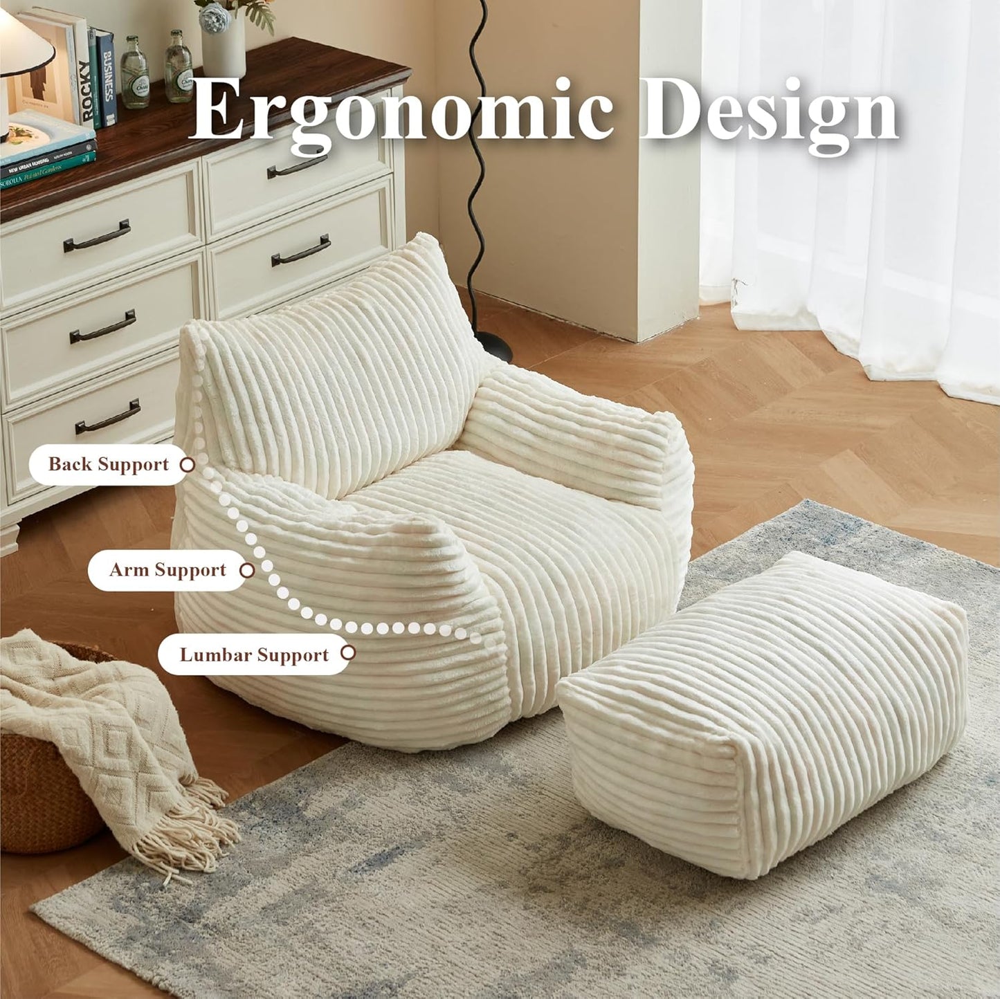 Premium Beige Bean Bag Chair for Adults with Armrest- Ultra Plush Memory Foam Lounge Sofa & Comfy Reading Nook Chair for Bedroom, Living Room & Dorm (White, with Footrest)