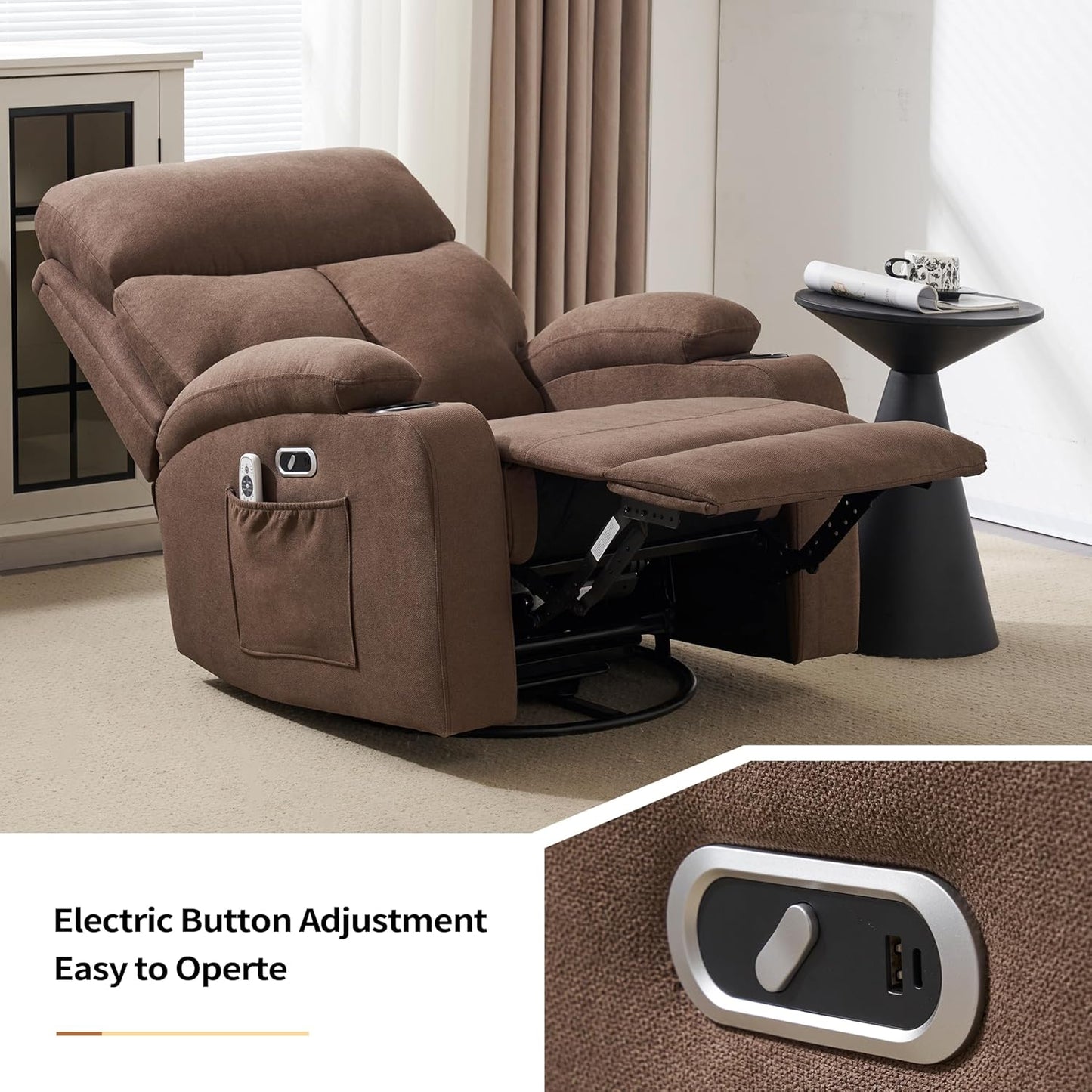 Swivel Power Recliner Chair for Adults with Full Body Massage, Electric Rocker Recliner Chairs for Living Room with USB and Type-C Ports, Fabric Rocking Reclining Sofa Chair (Cocoa Brown)