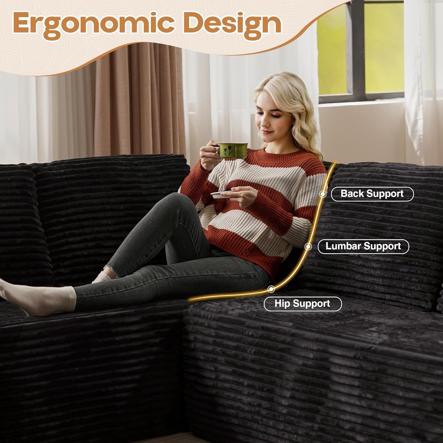 Cloud Sectional Couches for Living Room,U Shaped Modular Sofas No Assembly,135x100 Inches Plush Corduroy Oversized Floor Couch Set with Deep Seat Chaise,Black