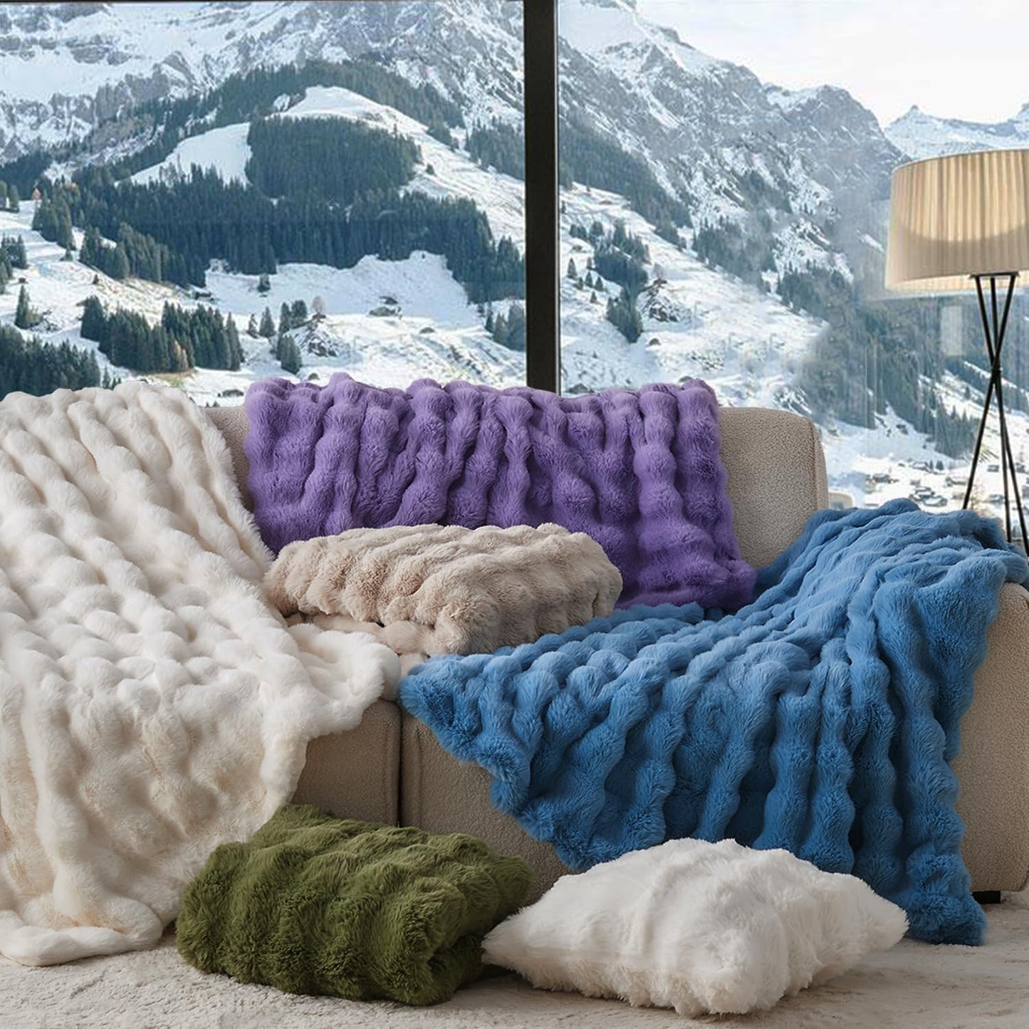 Lotus Karen Faux Fur Throw Blanket Purple - Big Bubble Rabbit Fluff Blanket for Couch Bed Sofa,Softest Fluffy Fuzzy Cozy Blanket,Thick Furry Plush Shaggy Warm Blankets for Women,90x90 Inches