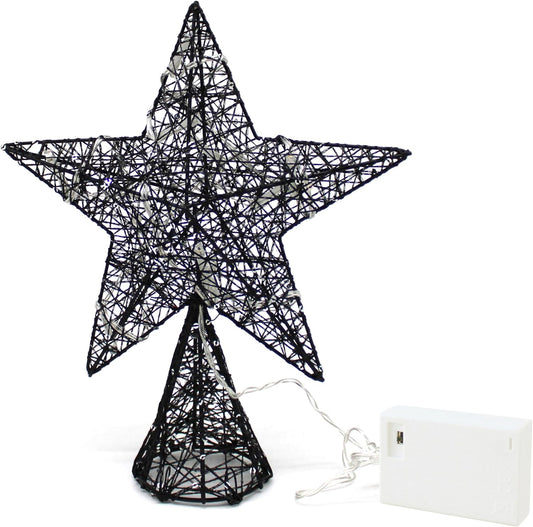CVHOMEDECO. Black Tree Top Star with Warm White LED Lights and Timer for Christmas Tree Toppper Ornaments and Holiday Seasonal Décor, 8 x 10 Inch