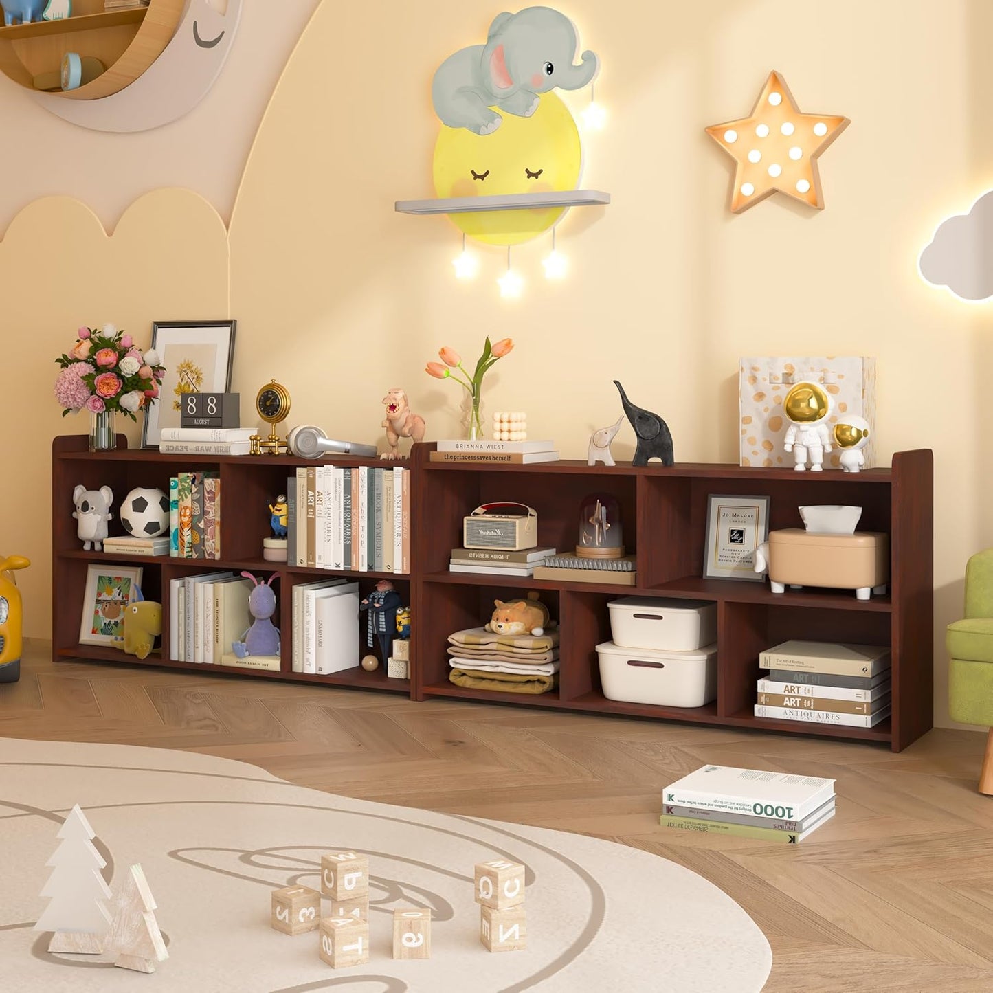 Book Shelf, 5 Cubes Storage Organizer, Open Shelf Wooden Bookcase, Freestanding Cherry Bookshelf Cube Shelf for Bedroom, Living Room, Home Office