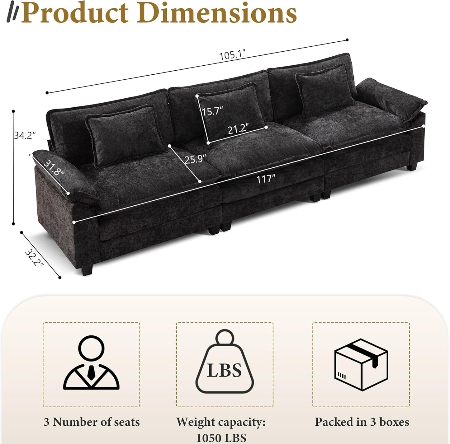 URRED Modular Sectional Sofa Comfy Cloud Couch, Modern Chenille Sofa Sleeper Deep Seat Couches with Ottoman/Pillows for Living Room (Black, 117'')