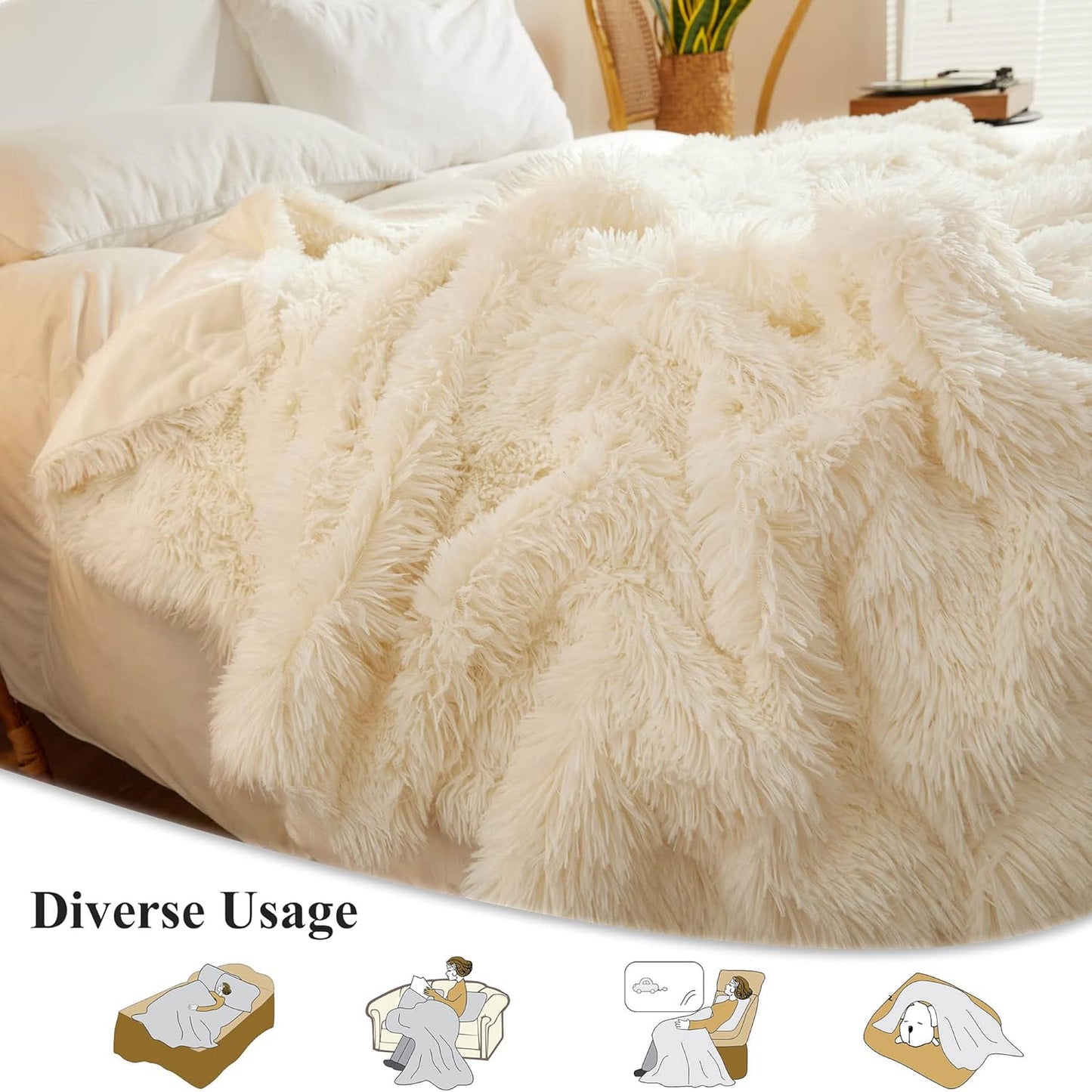 XeGe Luxury Faux Fur Blanket, Ivory Soft Big Fluffy Throw, Shaggy Plush Decorative Couch Blanket, Cute Off White Furry Fuzzy Throw for Bed Bedroom Living Room Beige, 60x90