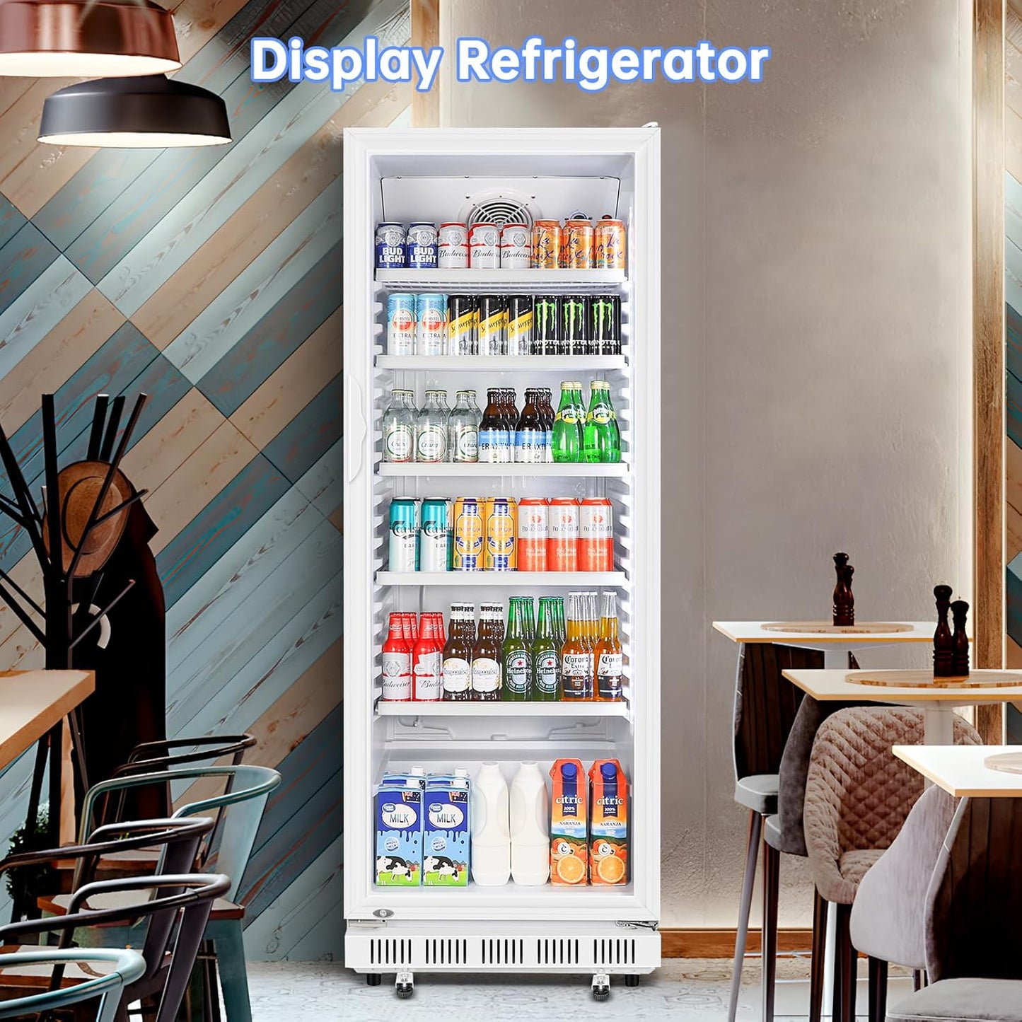 Commercial Beverage Refrigerator, 24.5 Inch 15 Cu. Ft. Drink Fridge, Display Refrigerator with Glass Door, Commercial Display Fridge with 5 Adjustable Shelves, for Shops, Restaurants, Bars