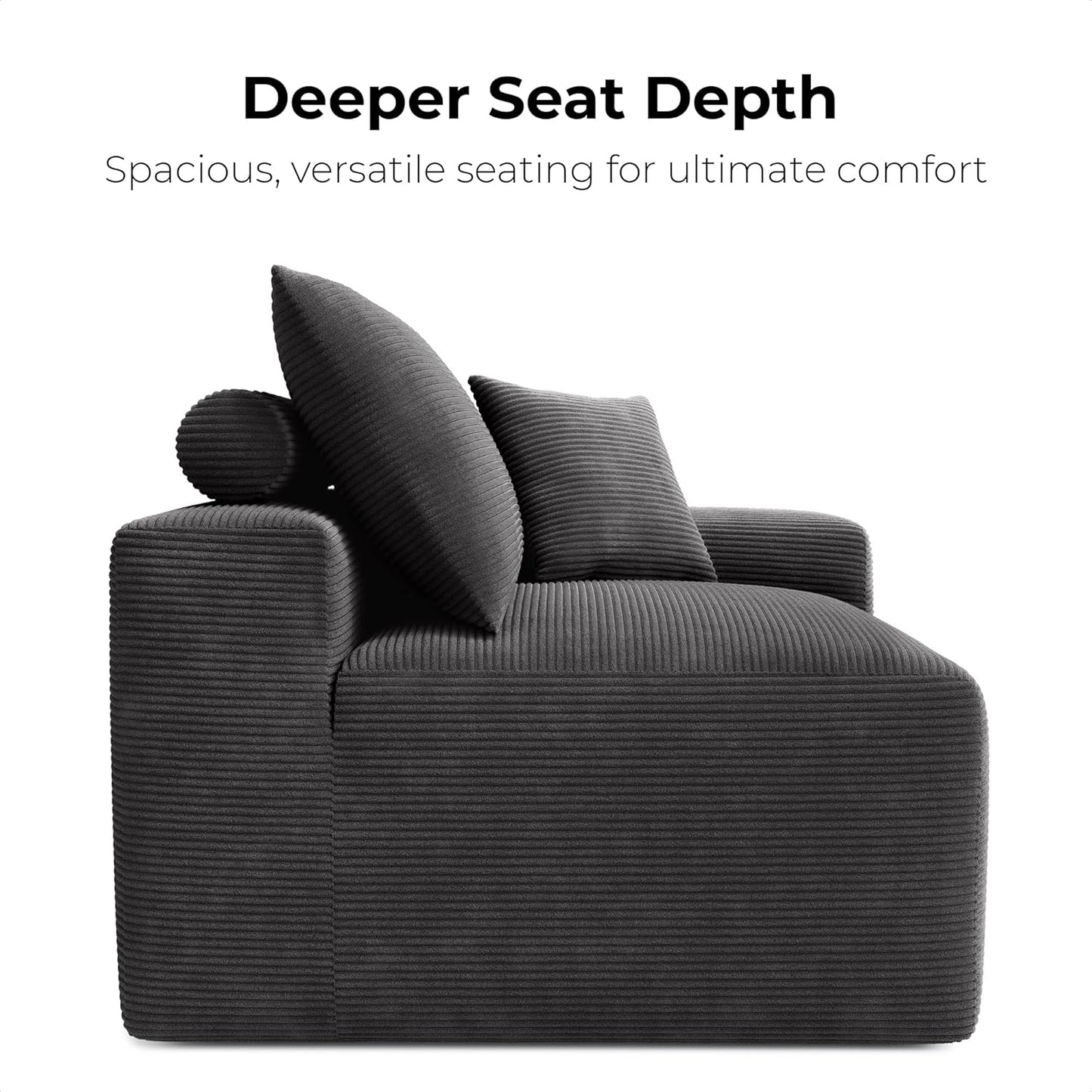 LIKIMIO 120" Modern L-Shaped Modular Sectional Sofa for Living Room, Corduroy Upholstery Dark Grey, Oversized 3-Seater Couch with Deep Seat and Movable Ottoman – No Assembly