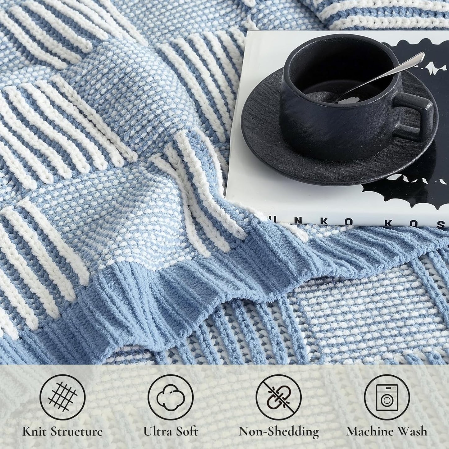 Amélie Home Chenille Knit Throw Blanket for Couch, Checkered Texture Decorative Soft Blanket for Sofa, Bed & Living Room, 50"x60", Blue & White