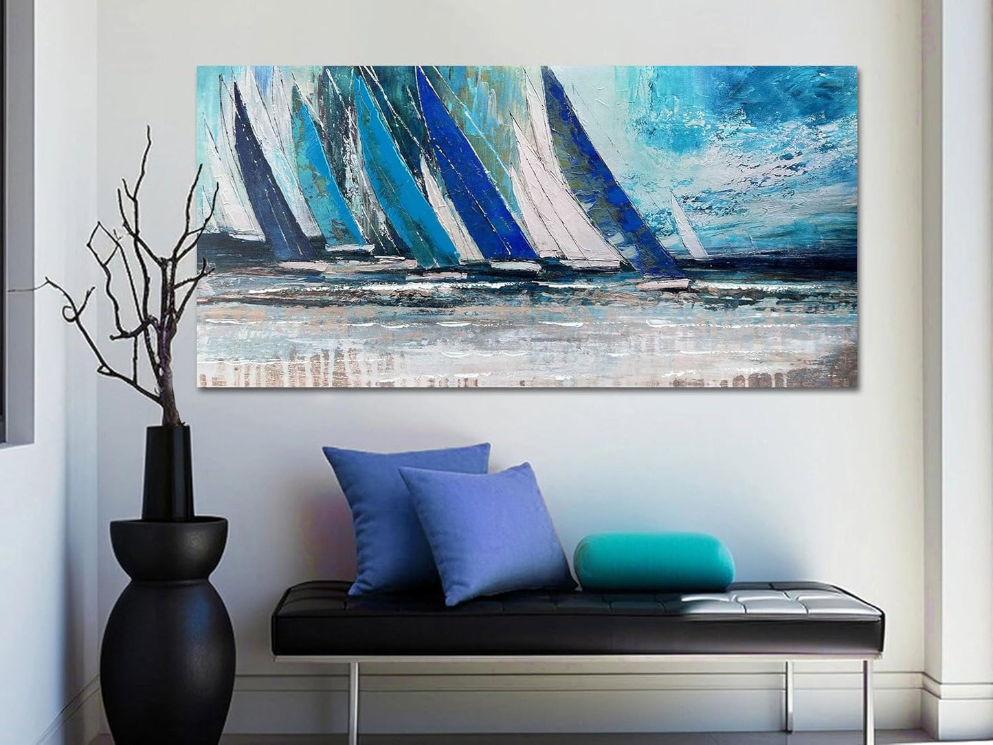 Arjun Blue Abstract Wall Art Canvas Teal Ocean Sailboat Picture Modern Turquoise Coastal Nautical Painting, Extra Large 58"x29" Framed Textured Artwork for Living Room Bedroom Home Office Wall Decor