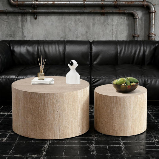 Round Nesting Coffee Tables Modern Travertine Coffee Table Small Round Coffee Tables Circular Side Table Accent End Table Nested Coffee Table Set for Living Room (Travertine Large)