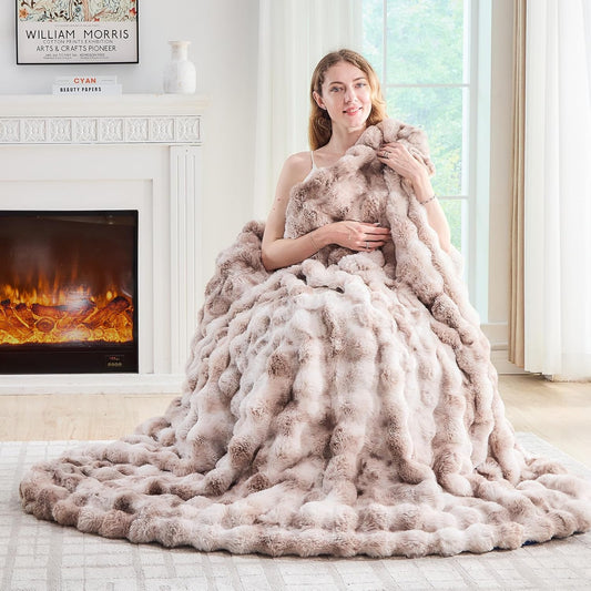Lotus Karen Faux Fur Throw Blanket Tie-Dye Beige - Big Bubble Rabbit Fluff Blanket for Couch, Large Fluffy Fuzzy Cozy Blankets,Thick Furry Plush Shaggy Blankets,90x90 Inches