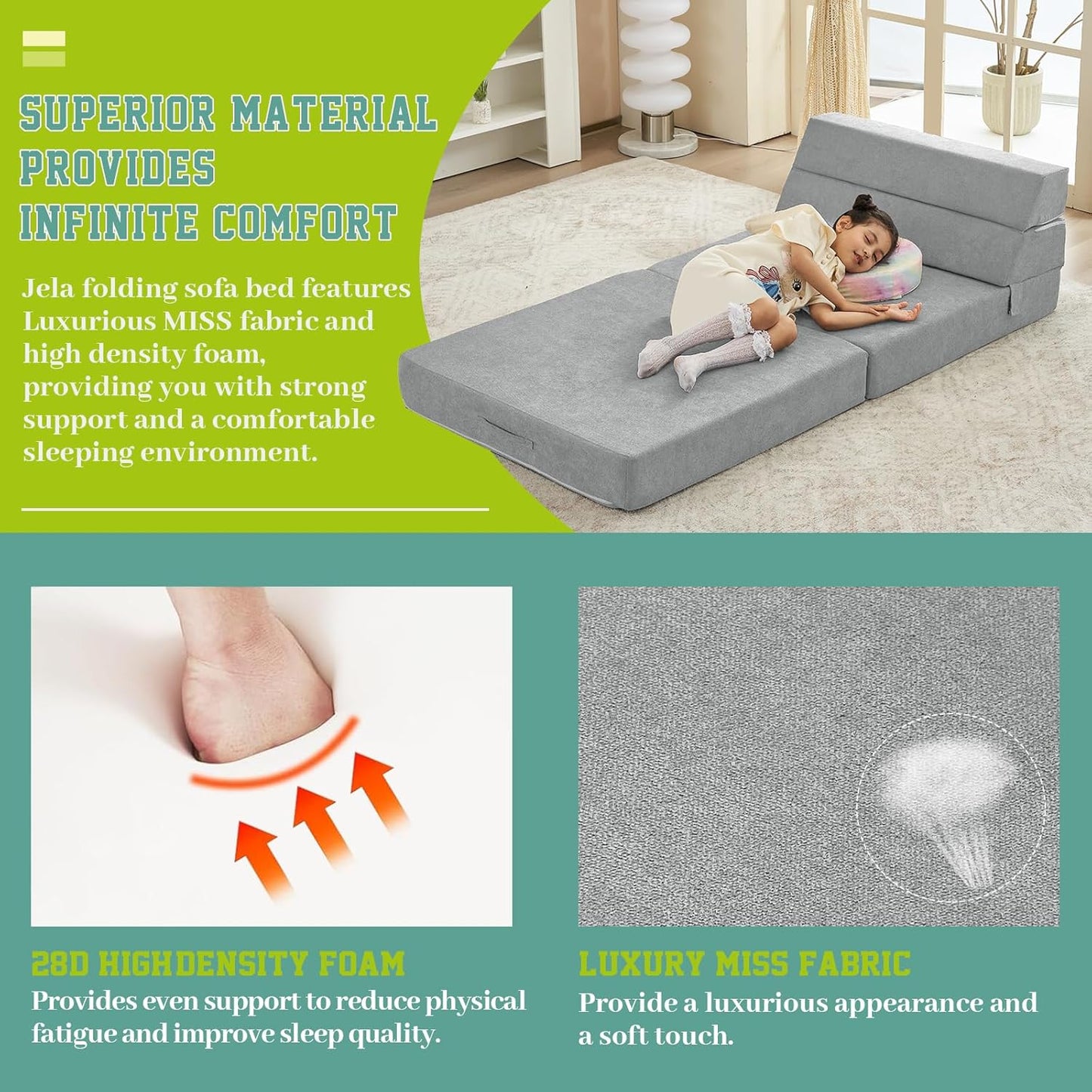 jela Foldable Sofa Bed Soft Foam Convertible Sleeper Chair Luxury Miss Fabric Fold Out Chair Bed Floor Couch with Back Support Floor Sofa for Living Room Bedroom (83"x33",Light Grey)