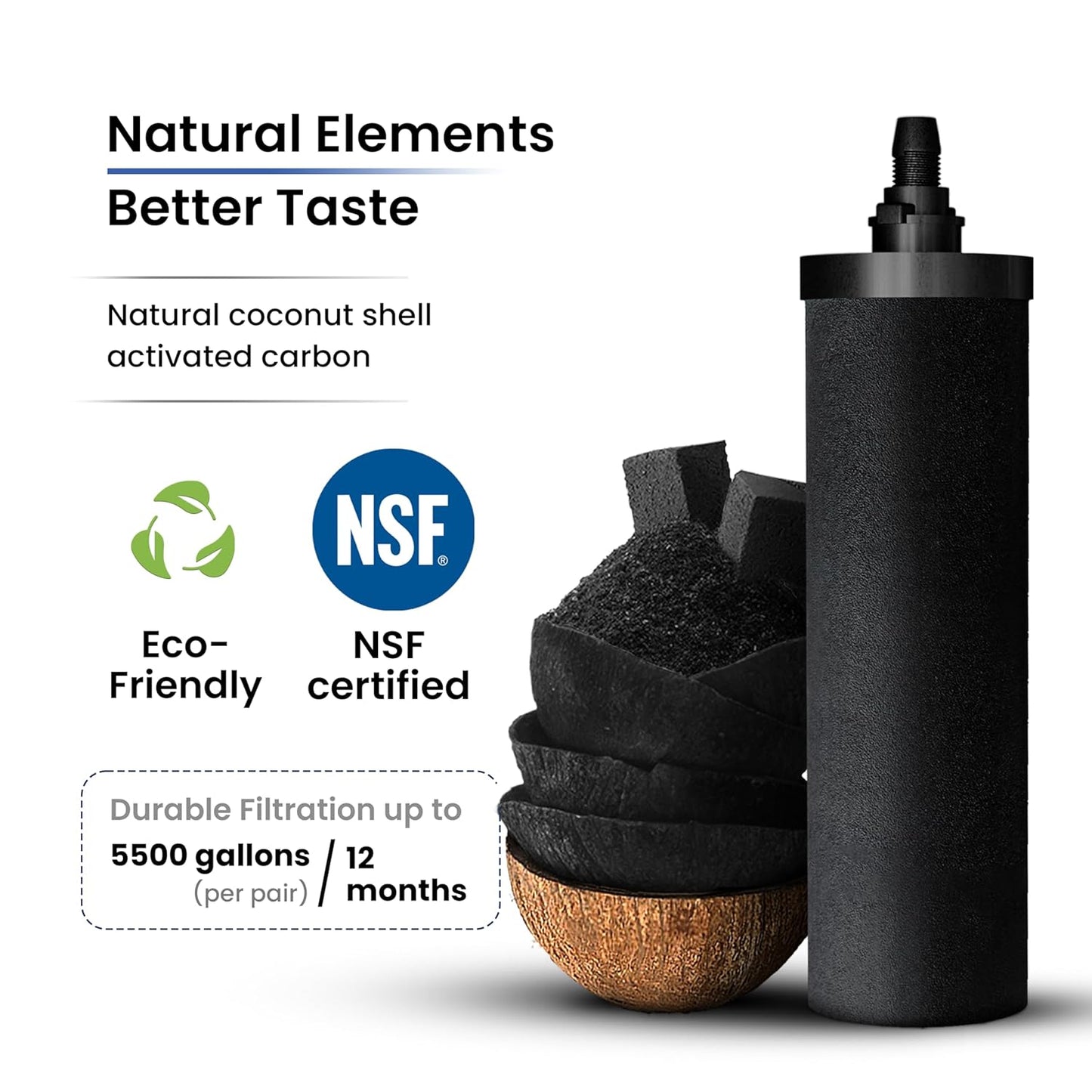 Gravity Water Filter System - 1.5 Gallons NSF Certified AISI 304 Stainless Steel Water Filter with 2 Smart (Black) Carbon Filter Elements & Free Stainless Steel Stand and Spigot (1.5G)