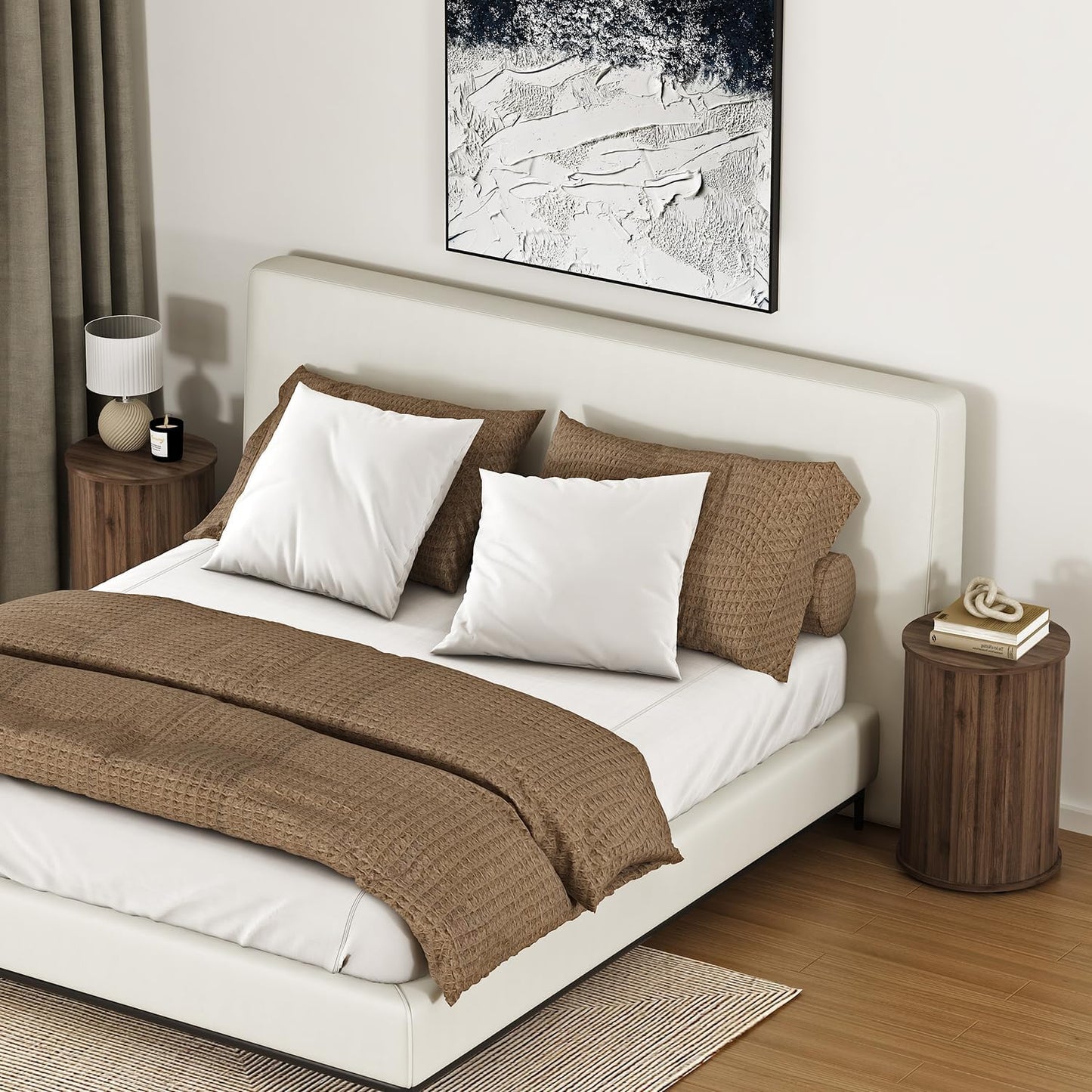 Round Fluted End Table for Living Room, Modern Wooden Sofa Couch Side Table for Small Spaces, 21.9" H Nightstand Set of 2 for Bedroom (Walnut)