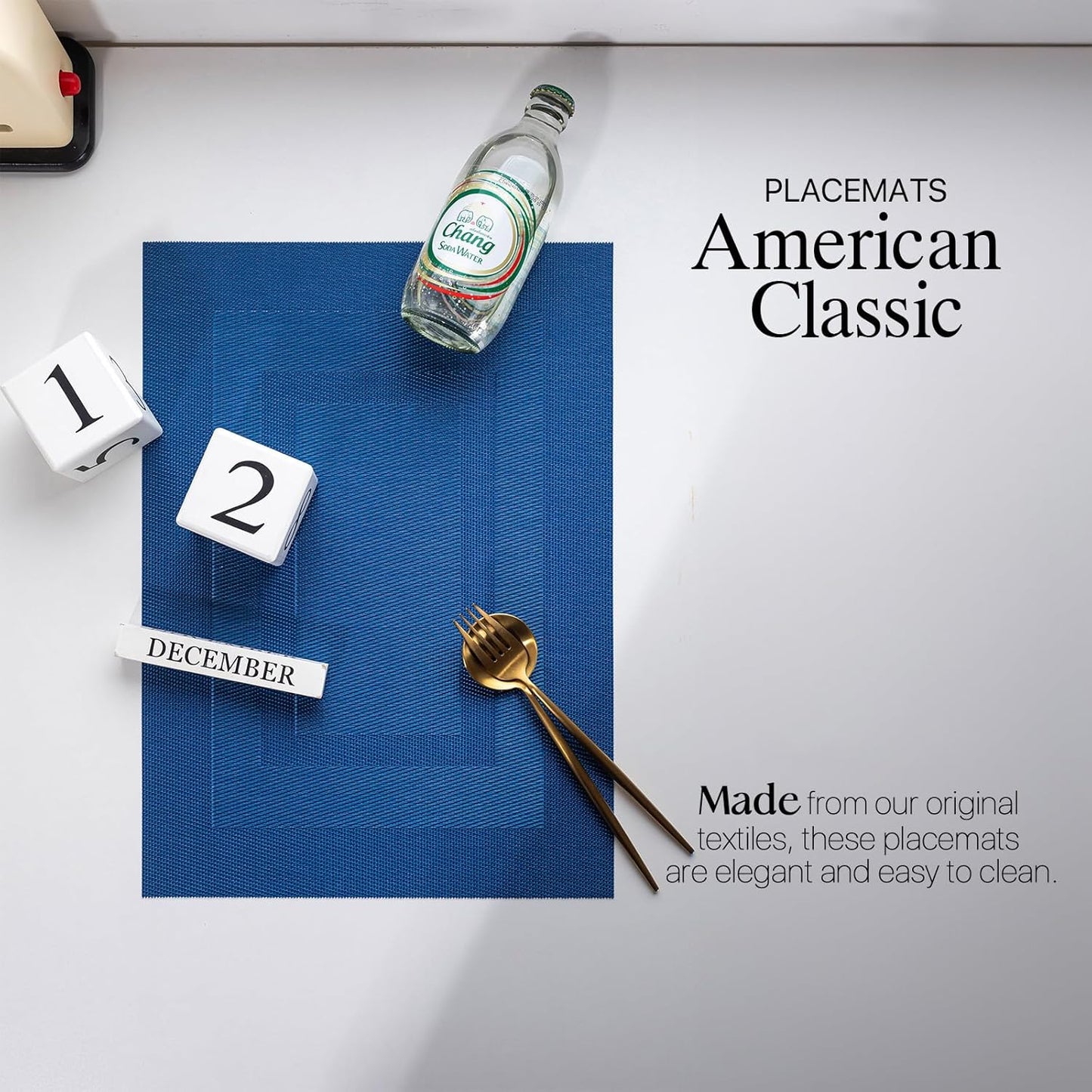 LEXMORE Placemats Set of 12 Vinyl/Plastic Woven Place Mats for Kitchen Table Indoor/Outdoor Washable Placemat Wipeable Dining Table Mats(G-Navy Cube)