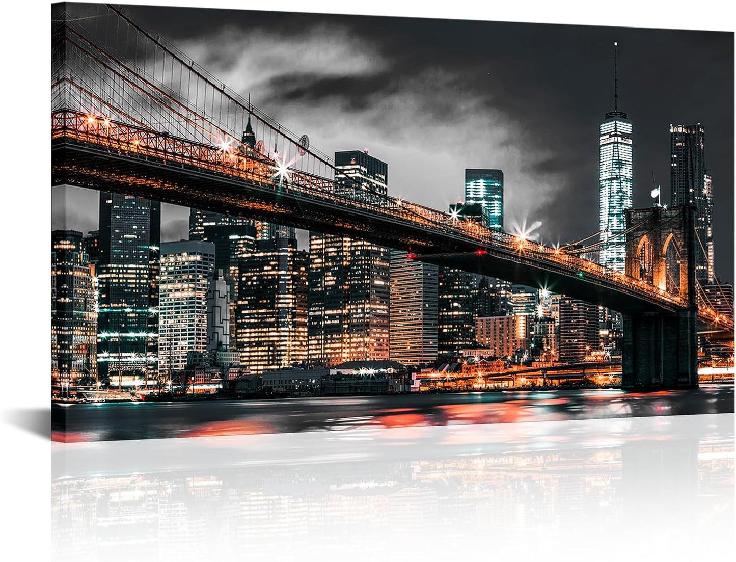 RyounoArt New York City Pictures Wall Art NYC Skyline Canvas Paintings Brooklyn Night Cityscape Prints Wall Decor Framed 20x36 Inch