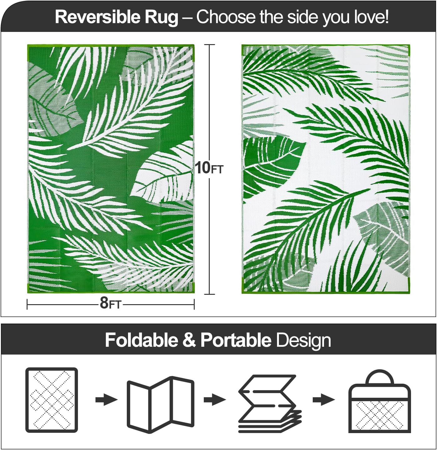 Waterproof Outdoor Rug 8x10ft, Green Leaf Reversible Plastic Straw Mat for Patio RV Deck Porch Backyard Balcony Camping Picnic Beach Indoor Outdoor Carpet, Green&White