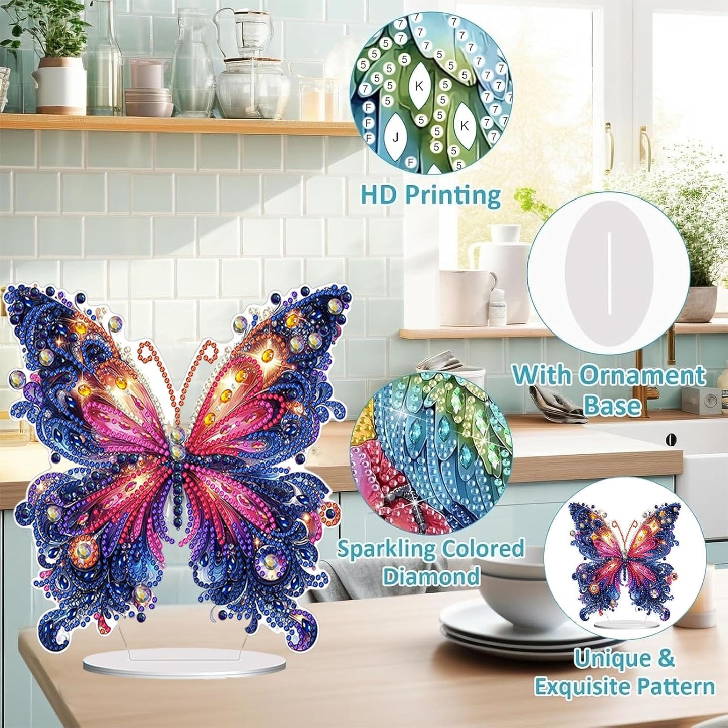 Diamond Painting Kits for Adults Beginners, 5D Full Drill Flowers and Butterfly Crystal Art Desktop Ornament, DIY Single Sided Home Office Desk Decor, Creative Craft Gift Set with Tools