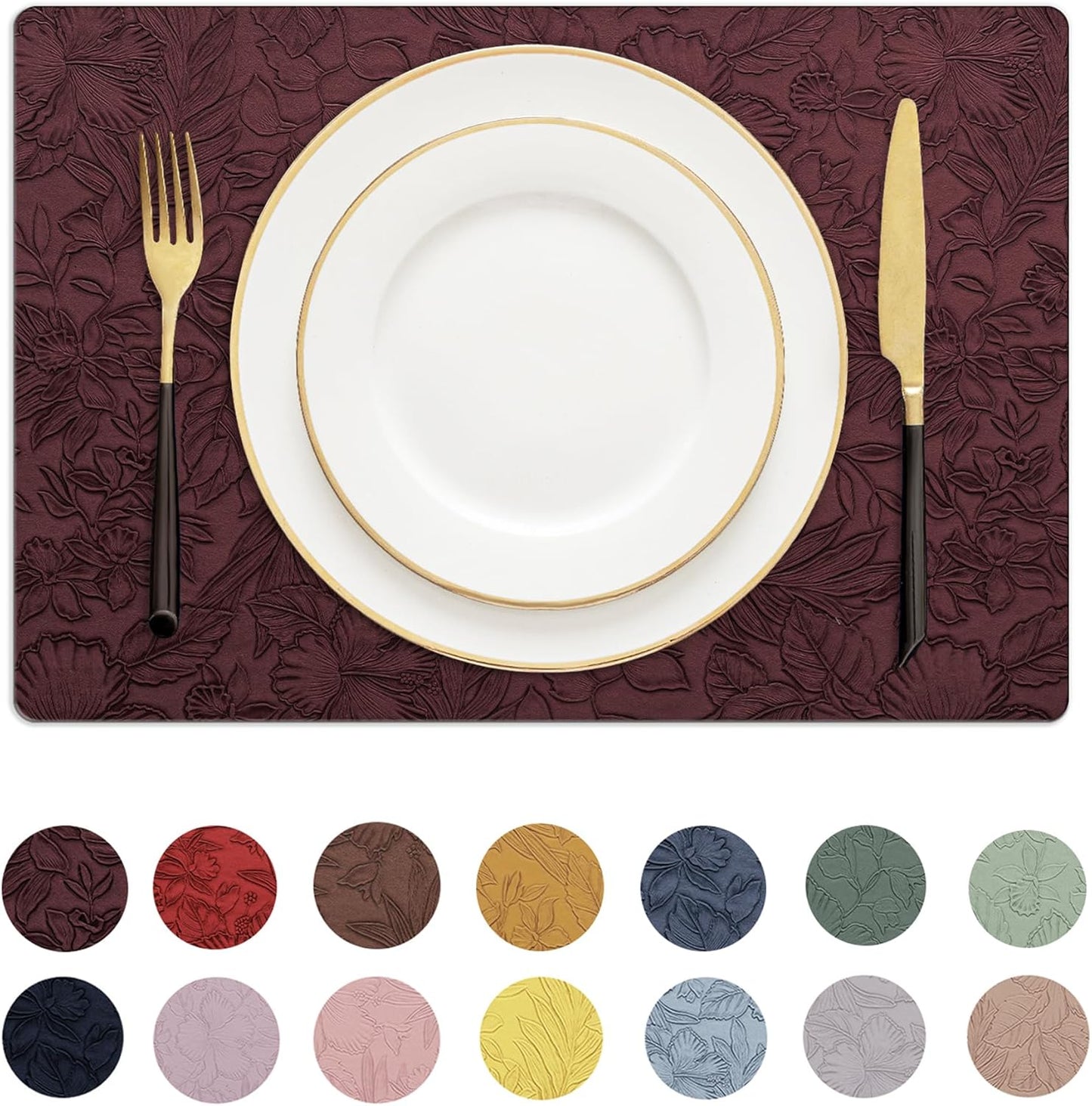 Romanstile Vinyl Placemats Set of 6-12 X 18 Inch - Heat Resistant Non-Slip Embossed Floral Place Mats 100% Waterproof Oilproof Wipeable Faux Leather Table Mats for Kitchen/Dining/Party, Burgundy