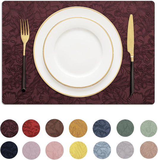 Romanstile Vinyl Placemats Set of 6-12 X 18 Inch - Heat Resistant Non-Slip Embossed Floral Place Mats 100% Waterproof Oilproof Wipeable Faux Leather Table Mats for Kitchen/Dining/Party, Burgundy