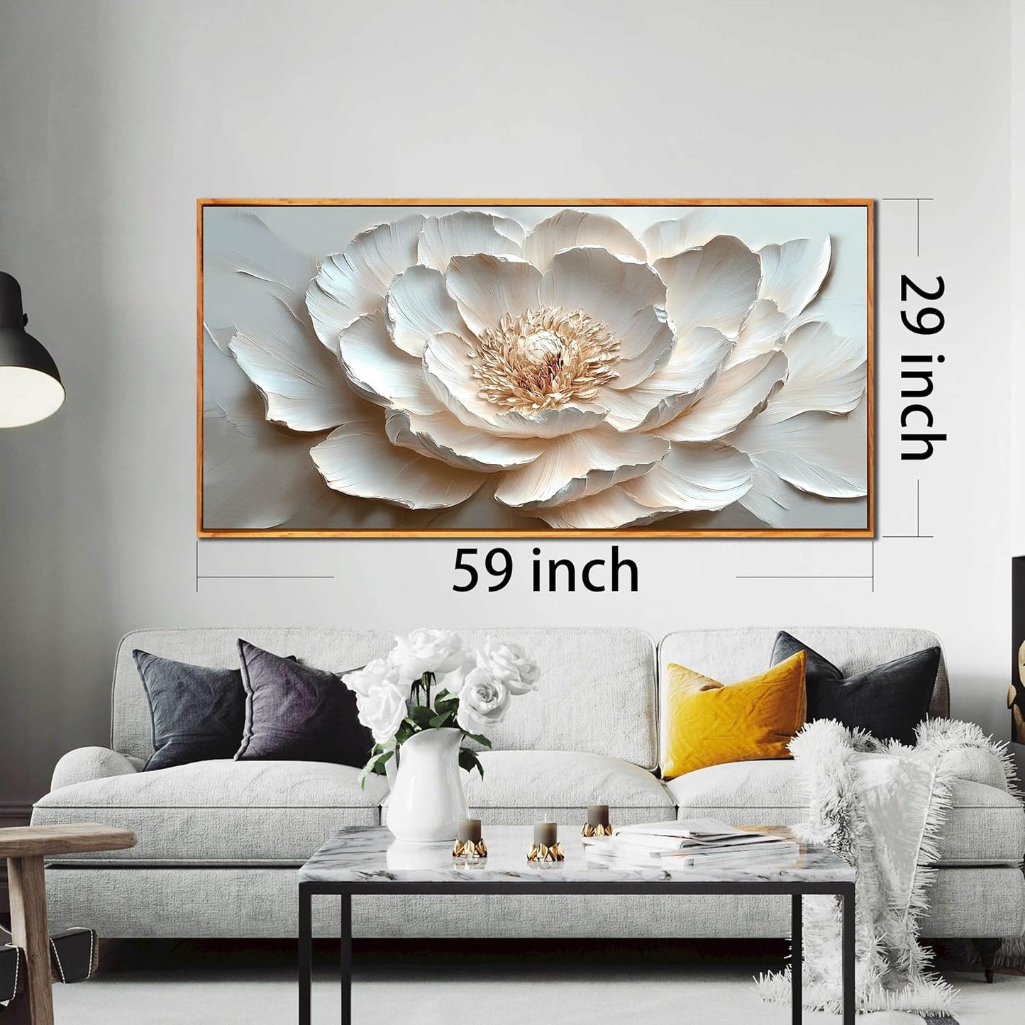 White Flower Pictures Wall Decor for Office Women - Modern Wall Art for Living Room - Wooden Framed Wall Art for Bedroom Size 29" x 59"