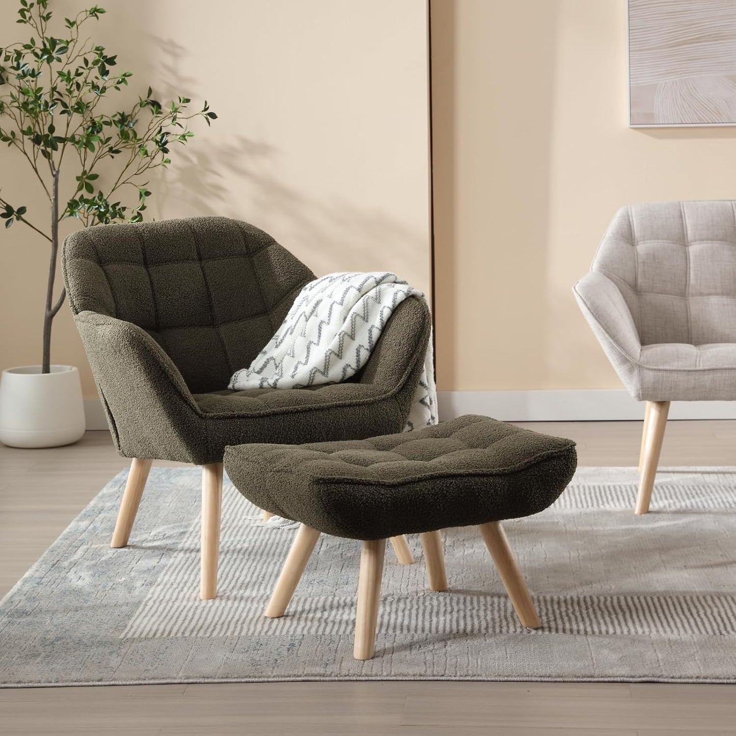 Modern Sherpa Accent Chair with Ottoman Set of 2, Fluffy Upholstered Lounge Chair with Footrest, Comfy Living Room Side Boucle Armchair for Small Space Bedroom, Green