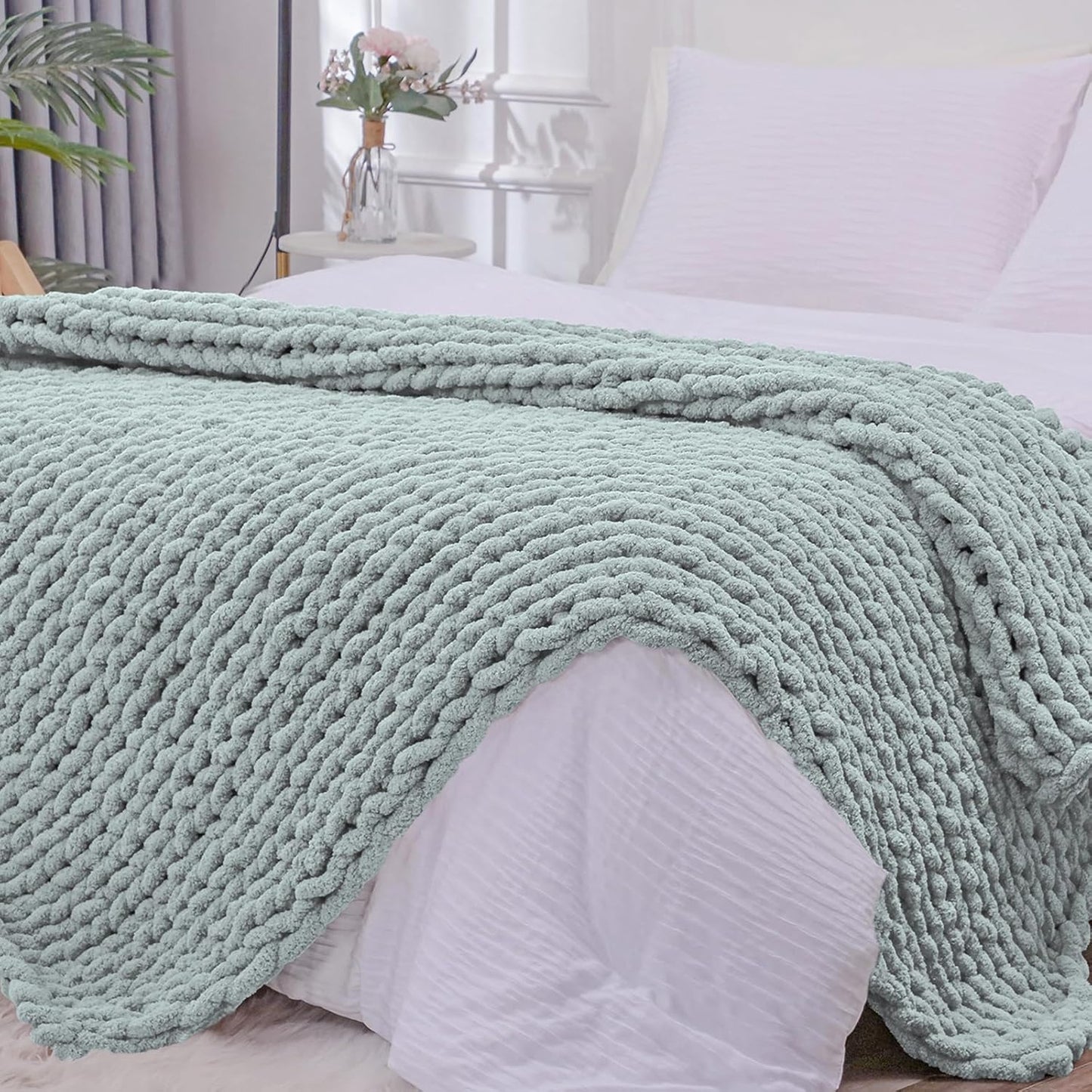 Bigacogo Chunky Knit Throw Blanket for Couch, 51x63 inches, 100% Hand Knitted with Thick Jumbo Chenille Yarn, Cozy Soft Large Rope Knot Cable Crochet Blankets for Sofa Bed Living Room, Misty Green
