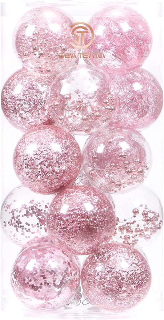 Sea Team Shatterproof Clear Plastic Christmas Ball Ornaments Decorative Xmas Balls Baubles Set with Stuffed Delicate Decorations (80mm/3.15 inch 20-Pack, Pink)