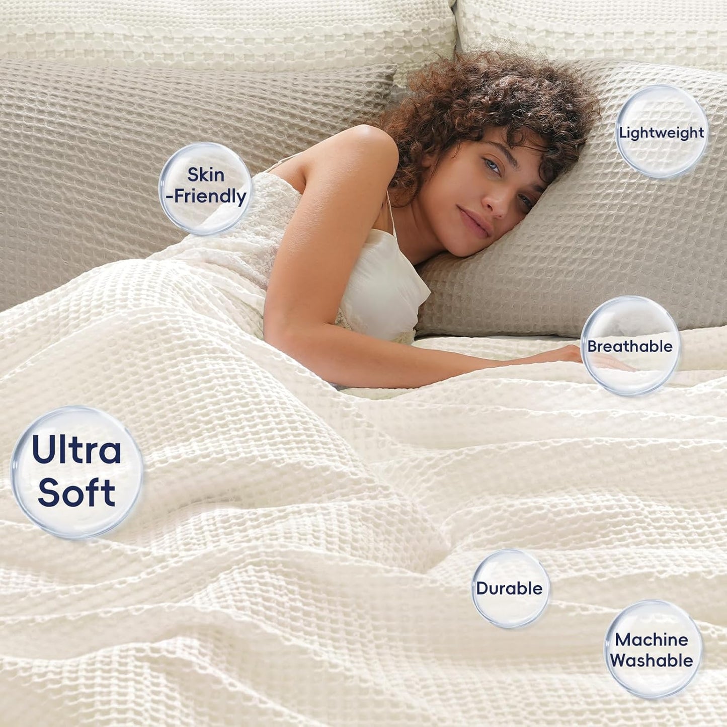 PHF Ultra Soft Waffle Weave Blanket King Size 104"x 90"- Washed Lightweight Breathable Cozy Woven Blanket for Bed - Aesthetic Decor for Couch Bedding Sofa Home Car - Coconut White