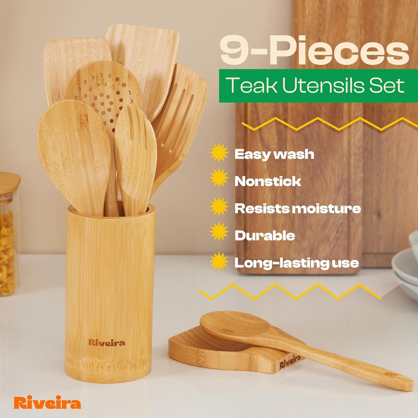 Riveira Natural Bamboo Wooden Cooking Utensils Set of 9 Premium Quality Non-Toxic Wooden Spoons and Spatulas for Cooking