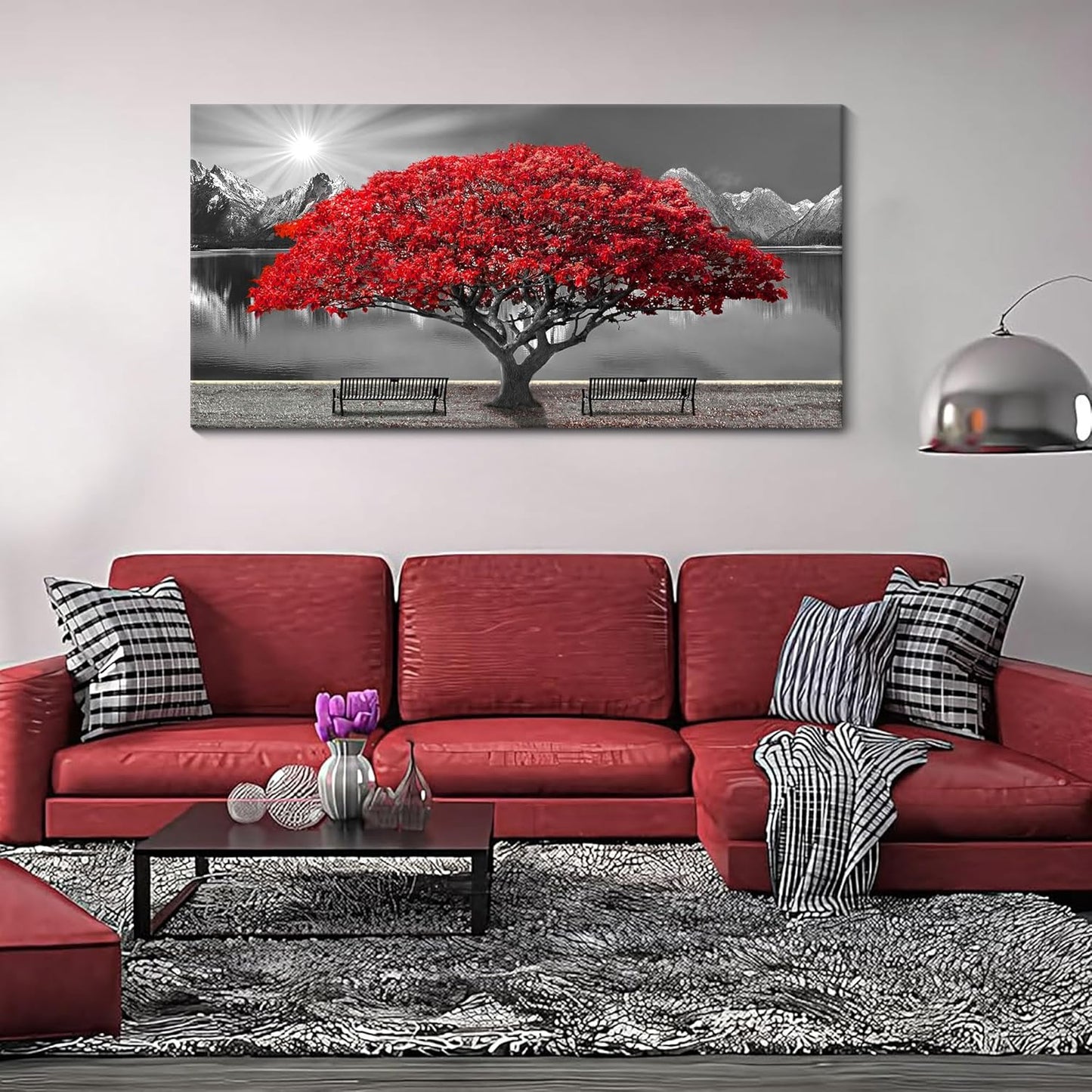 Black and White Red Tree Wall Art Canvas Print Picture Large Red Tree Landscape Modern Artwork for Living Room Bedroom Office Home Wall Decor With Frame 24X48inch
