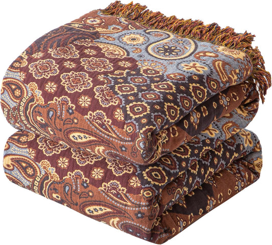 Boho Throw Blanket for Couch Sofa Bed, 100% Cotton Woven Quilt with Tassel 80”x90”, Super Soft Muslin Blanket with Patchwork Printed, Decorative Reversible Bed Blanket/Cover for All Seasons