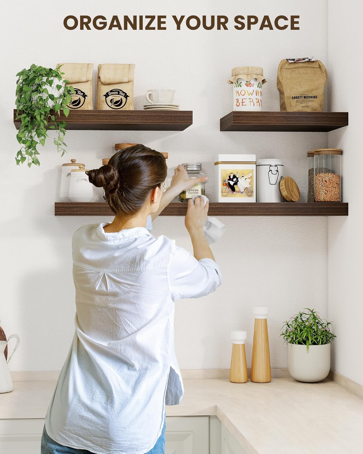 Marsmiles 30" Floating Shelves for Wall, Wooden Shelves with Invisible Brackets Set of 2, Rustic Farmhouse Wall Mounted Shelf for Kitchen Bathroom Living Room Study, Walnut