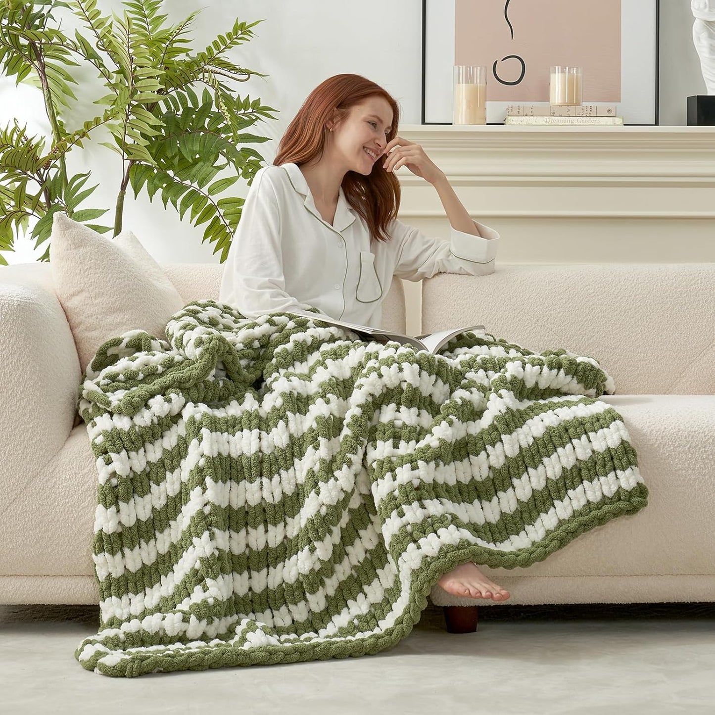 Amélie Home Chunky Knit Throw Blanket for Couch, Soft Chenille Crochet Blanket for Sofa, 50"x60", Sage Green & White Striped