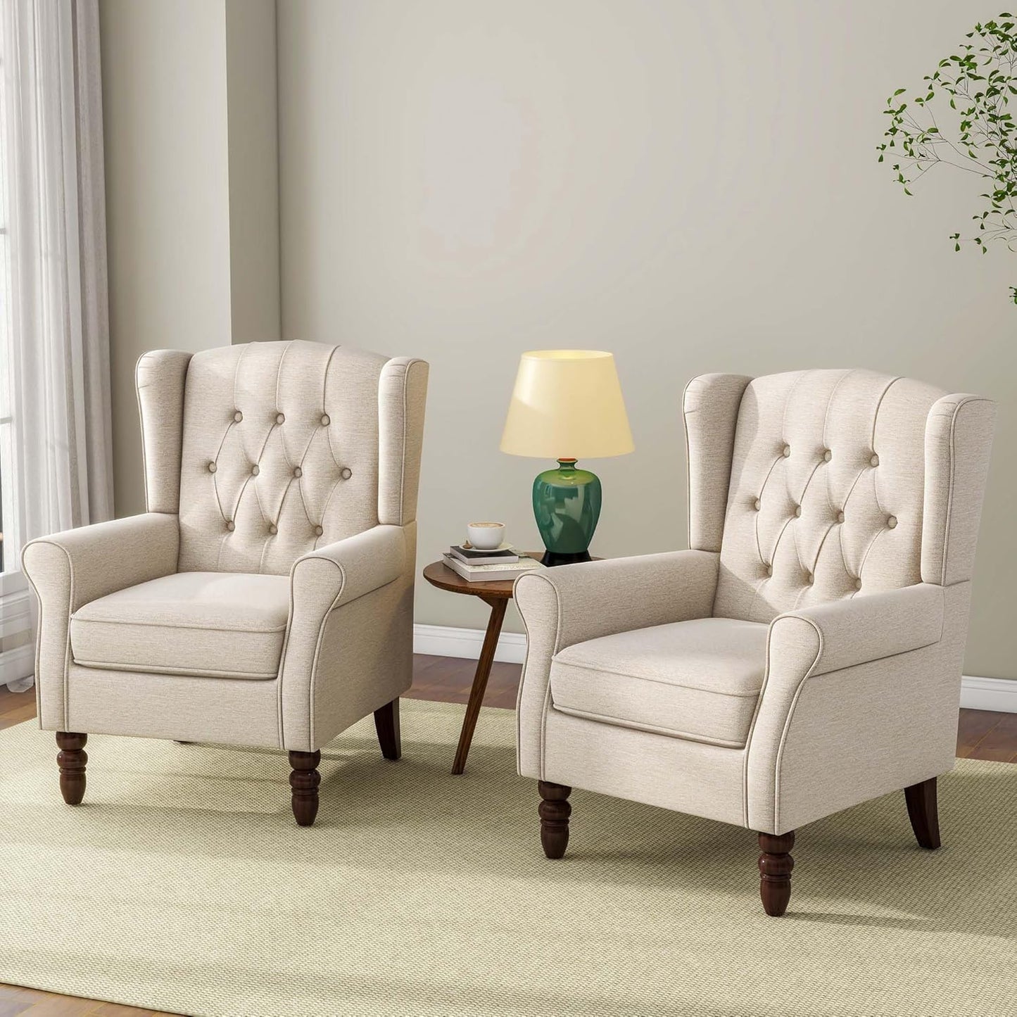 Accent Chair, Upholstered Armchair with Button Tufted High Back & Solid Wood Legs, Comfy Wingback Reading Single Sofa Chair for Small Spaces, Living Room, Bedroom (Beige, Set of 1)