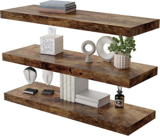 Large Floating Shelves for Wall Set of 3 Wooden Wall Shelves 24 in x 12.75 in x 2 in Room Decor Long Shelf with Invisible Wall Mount Bracket for Bedroom Kitchen Living Room Rustic Brown